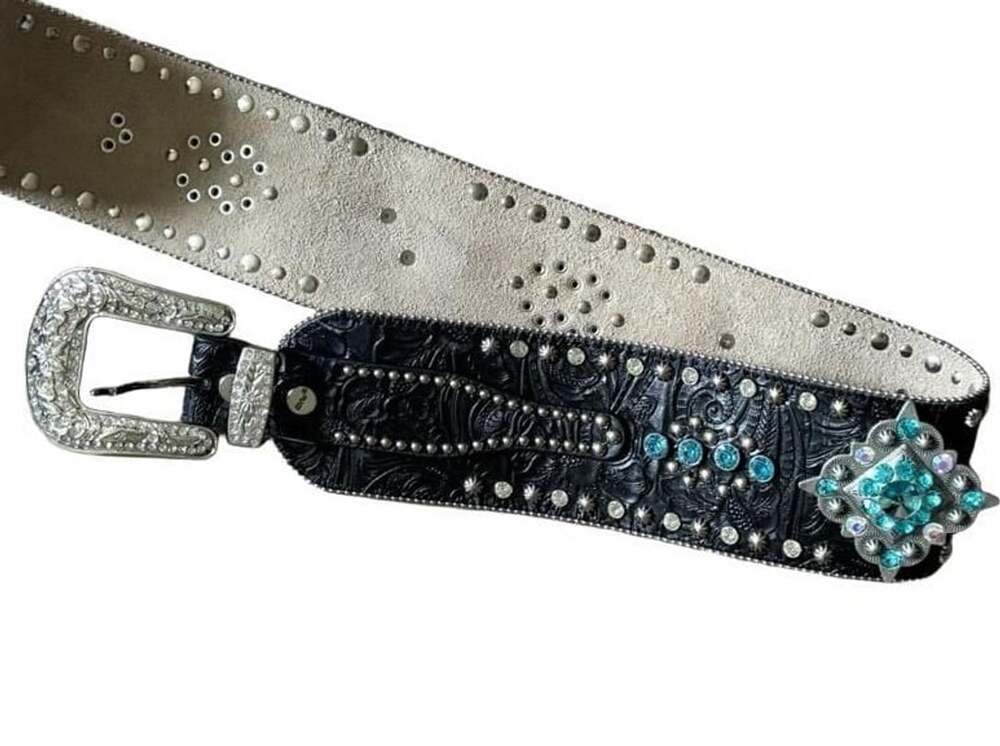 BHW Rhinestone Turquoise Western Belt Size ML Black Tooled Leather